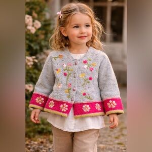 Vintage Catimini Floral Embroidered Wool Cardigan Size 86 2T Made In France